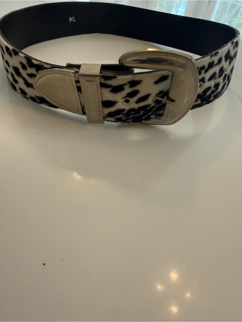 Black & White Leopard Print Leather Belt with Silver Buckle